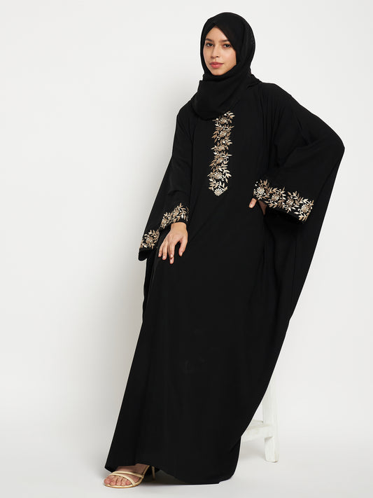 Embroidery Work Solid Loose Fit Black Abaya Burqa For Women With Black Georgette Scarf