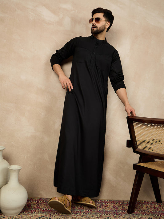 Black Solid Cotton Mandarin Collar Arabic Thobe / Jubba For Men