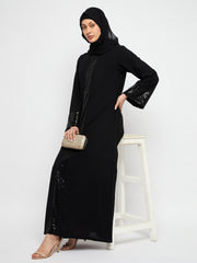 Black Comfotable Embroidery Abaya With Black Georgette Hijab