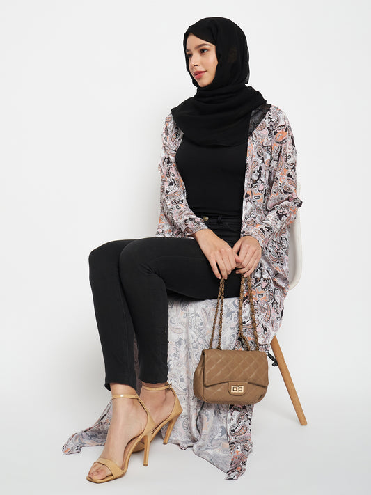 White Printed Front Open Shrug with Black Georgette Hijab