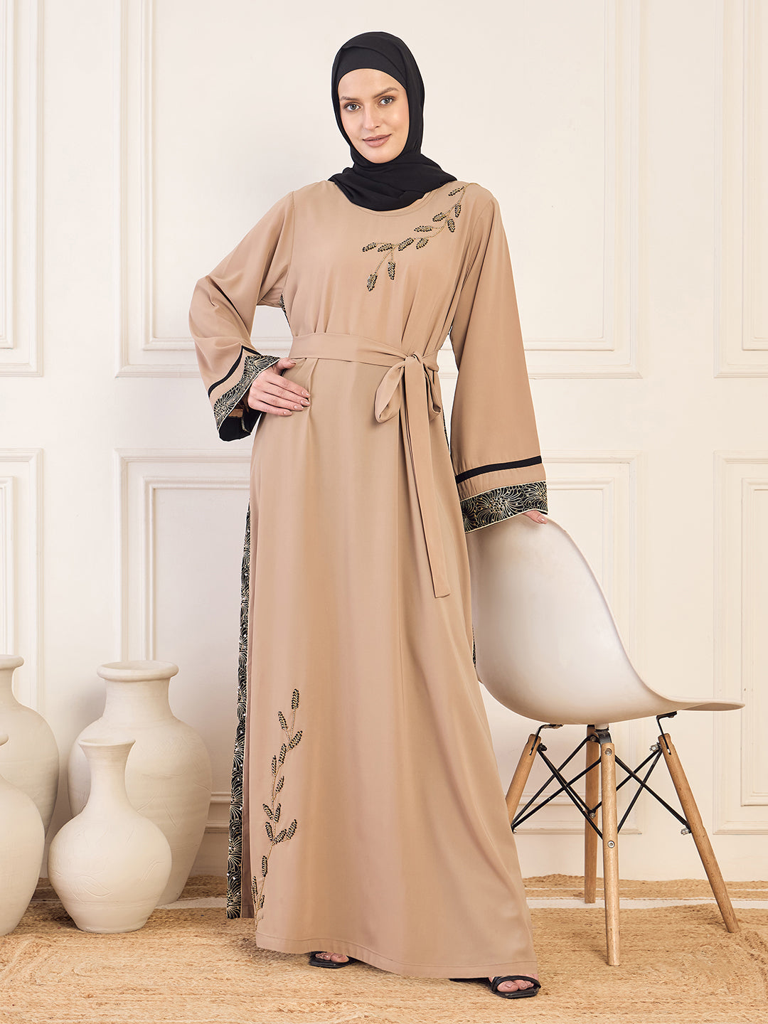 Beige Solid Luxury Hand worked Abaya Burqa for Women with Black Georgette Hijab