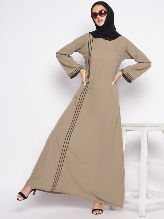 Beige A-Line Abaya with Black Piping for Women with Black Georgette Hijab