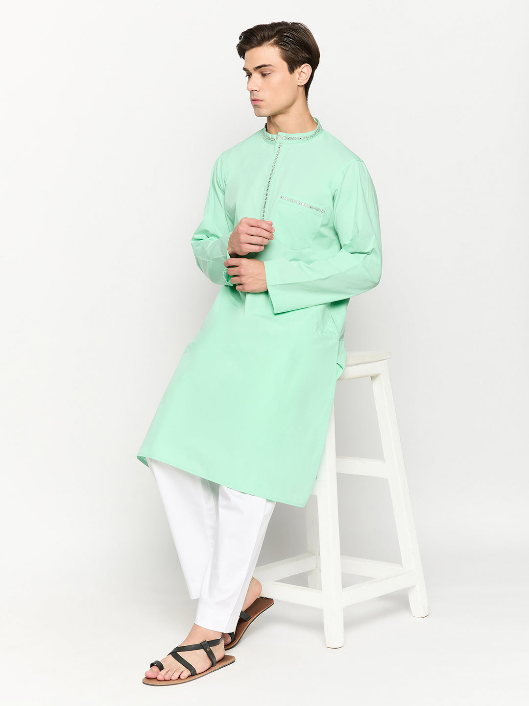 Embroidery Details Mens Solid Sea Green Kurta