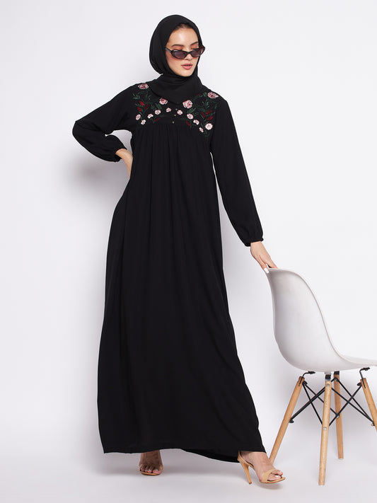 Black Chikan Hand Embroidery Work Abaya for Women with Black Georgette Scarf