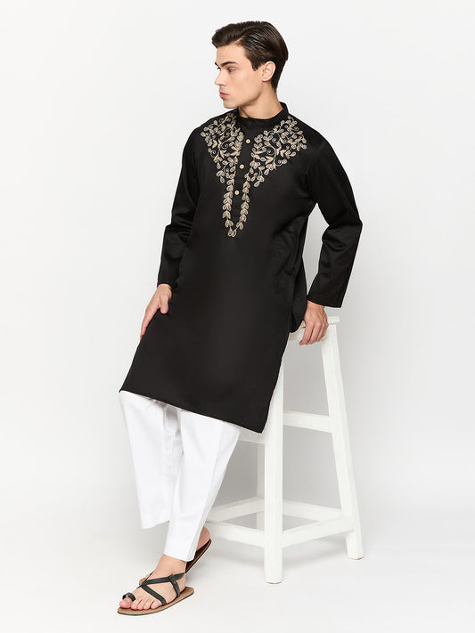Embroidery Details Black Solid Cotton Kurta Pajama Set For Men