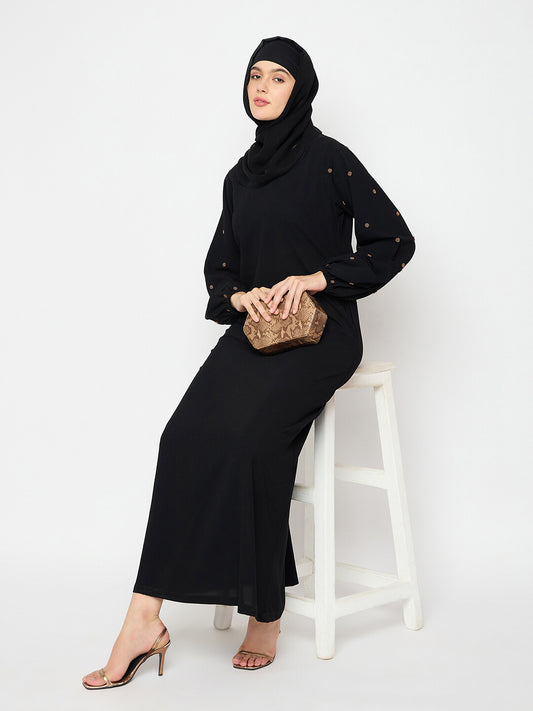 Women Black Solid Crush Nida Hand Work Detailing Luxury Abaya Burqa With Black Hijab