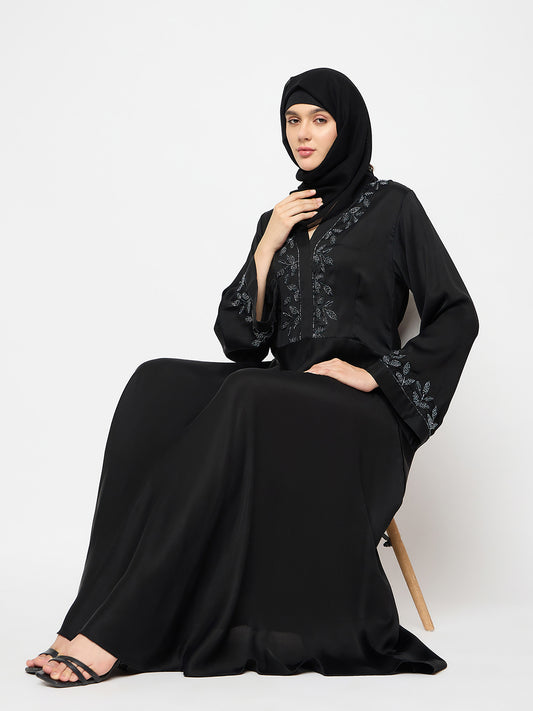 Hand Work Detailing Black Solid V-Neck Luxury Abaya Burqa Paired With Black Georgette Hijab