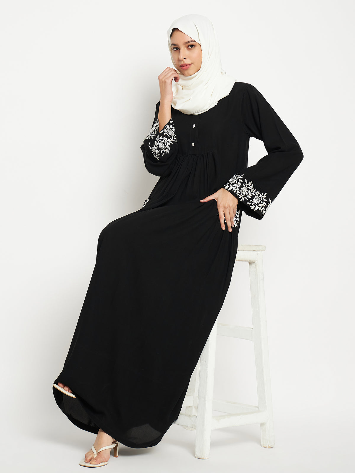 Embroidery Work Solid Black Abaya Burqa For Women With Black Georgette Scarf