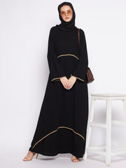 Piping Design Black Abaya for Women Black Georgette Hijab