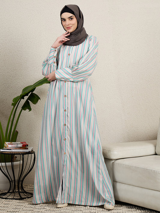 Front Open Printed Abaya for Women with Black Scarf