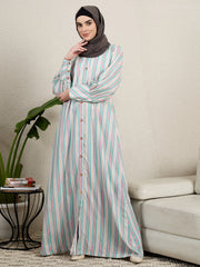 Front Open Printed Abaya for Women with Black Scarf