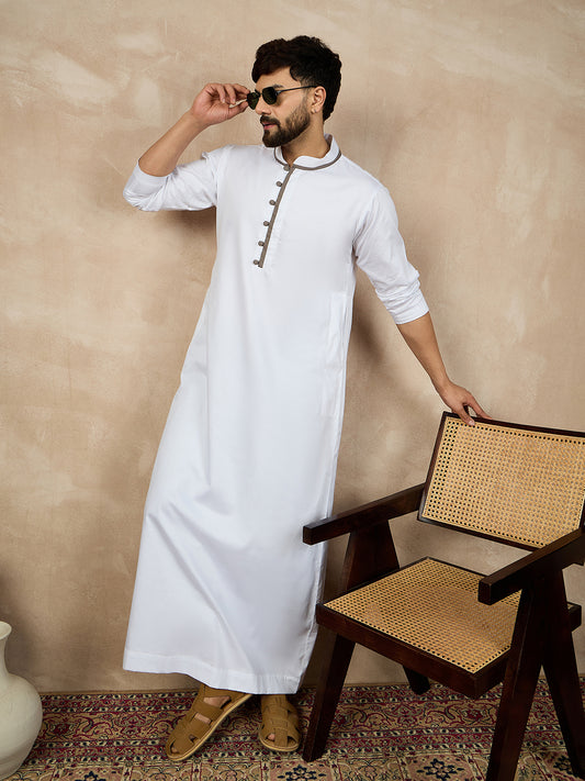 White Solid Cotton Mandarin Collar Arabic Thobe with Grey Piping Design For Men