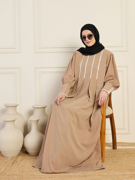 Handworked Beige Solid Luxury Abaya Burqa for Women with Black Georgette Hijab