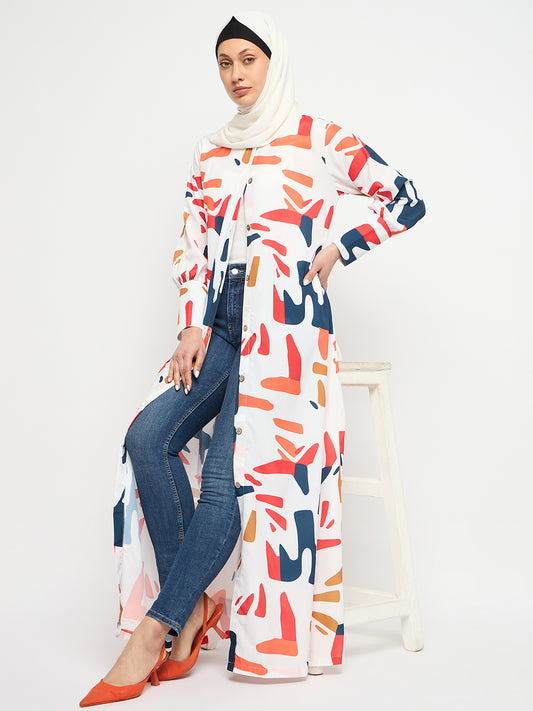 MultiColored Printed Front Open Abaya for Women with Black Georgette Scarf