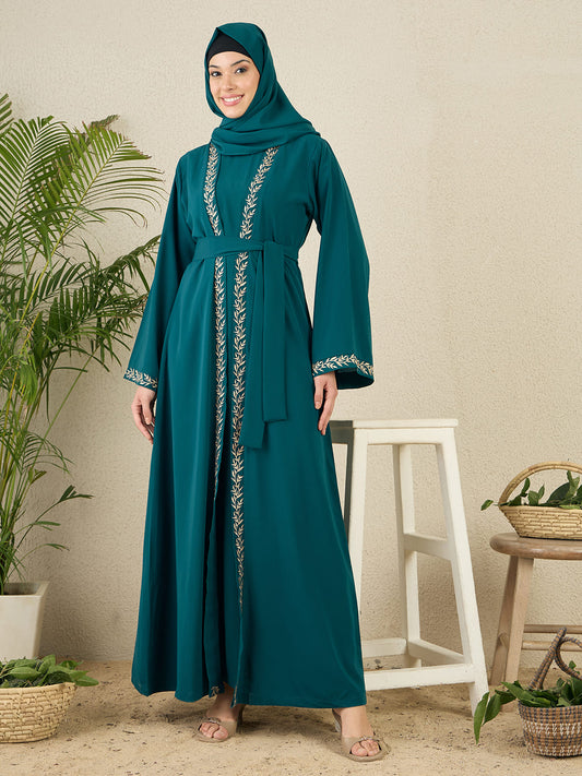 Embroidered 2 Pieces Shrug Set Abaya with Matching Scarf