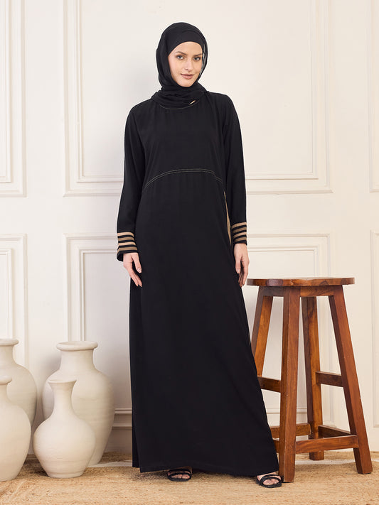 Piping Detailing A-line Black Solid Abaya Burqa For Women With Black Georgette Hijab