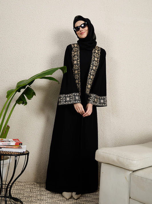 2 Pieces Embroidered Shrug Set Abaya with Black Scarf