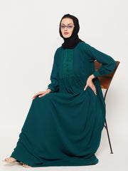 Bottle Green Solid Lace Work Design Abaya for Women with Black Georgette Scarf