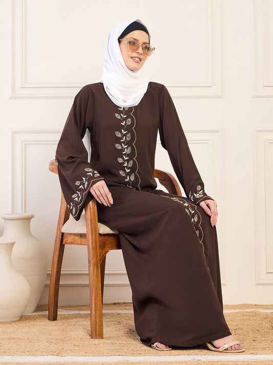 Hand Work Detailing Brown Solid Luxury Abaya Burqa For Women With White Hijab