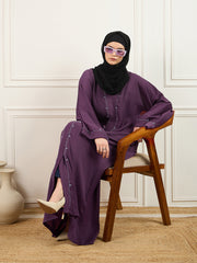 Lavender Solid Luxury Handworked Abaya Burqa with Black Georgette Hijab