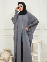 Front Open Grey Solid Loose Fit Kaftan Abaya With Black Georgette Hijab