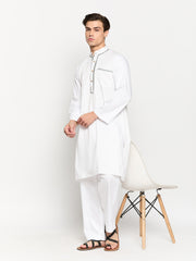 Embroidery Details Mens Solid White Mandarin Kurta