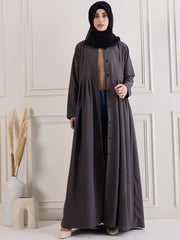 Front Open Grey Solid Kashibo Abaya Burqa With Black Georgette Hijab