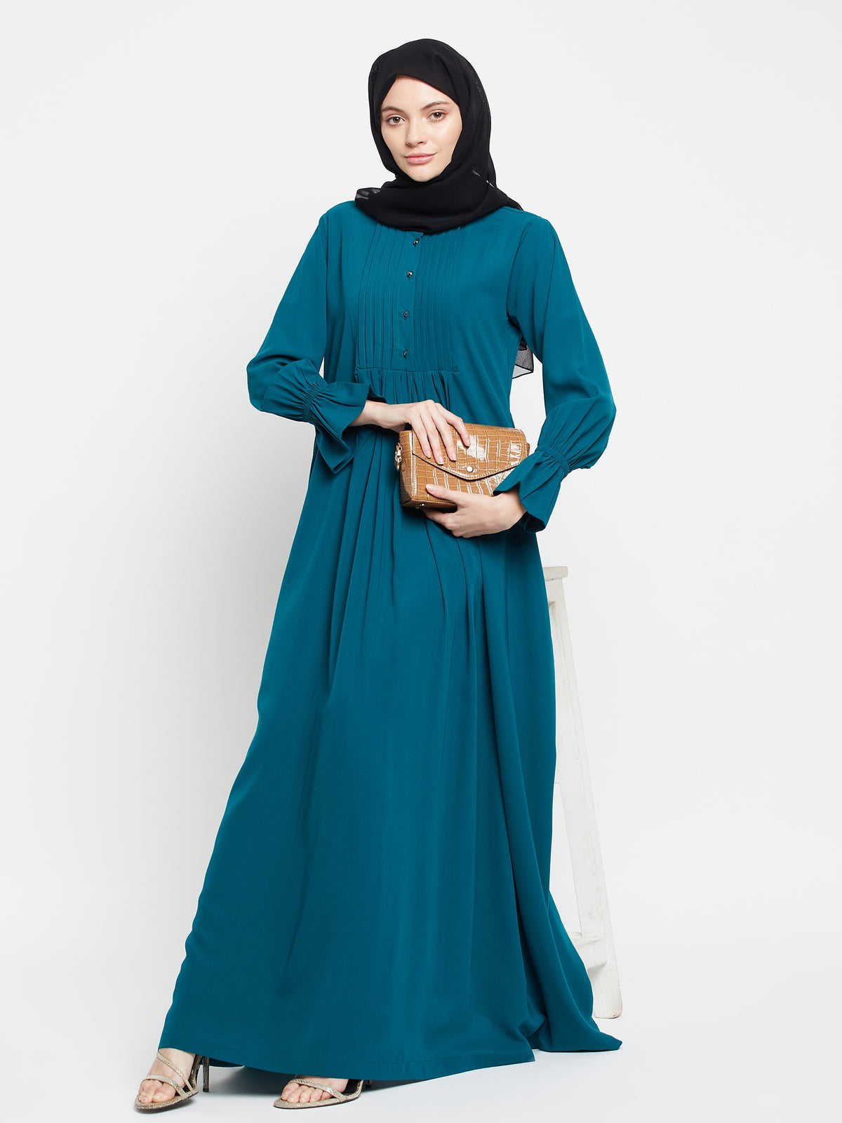 Bottle Green A-Line Abaya for Women with Black Georgette Hijab