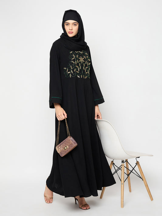 Hand Work Detailing Black Solid Luxury Abaya Burqa with Bell Sleeves for Women