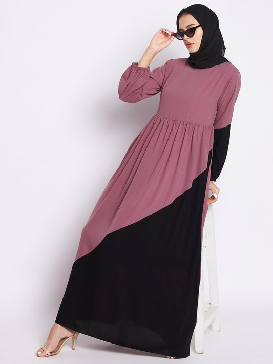 Black and Puce Pink Abaya Dress with Black Georgette Hijab