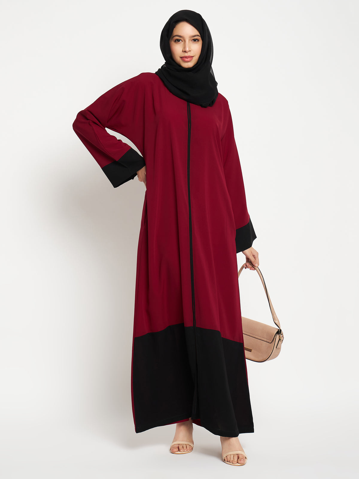 Maroon And Black Women Solid A-Line Abaya Burqa With Black Georgette Hijab