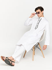 Cotton Fabric Solid White Men's Kurta Pajama Set