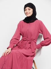 Frilled Pink Abaya Burqa For Women With Belt and Black Hijab