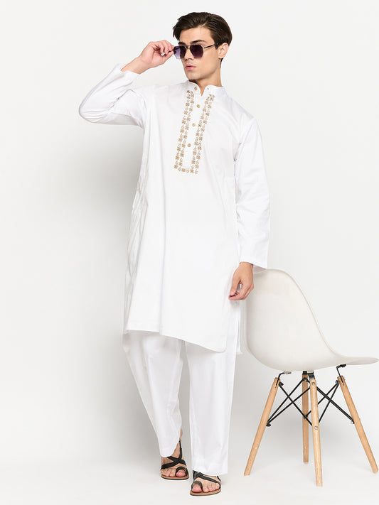 White Solid Embroidery Details Mens Kurta