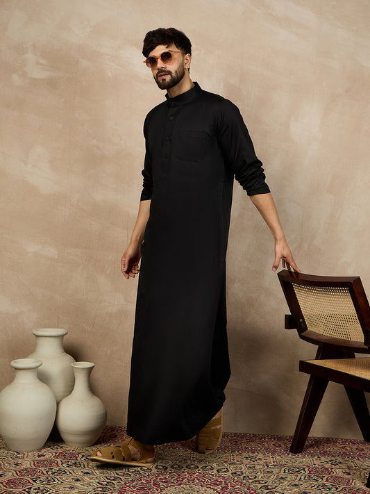 Men's Arabic Black Solid Mandarin Collar Cotton Thobe/Jubba