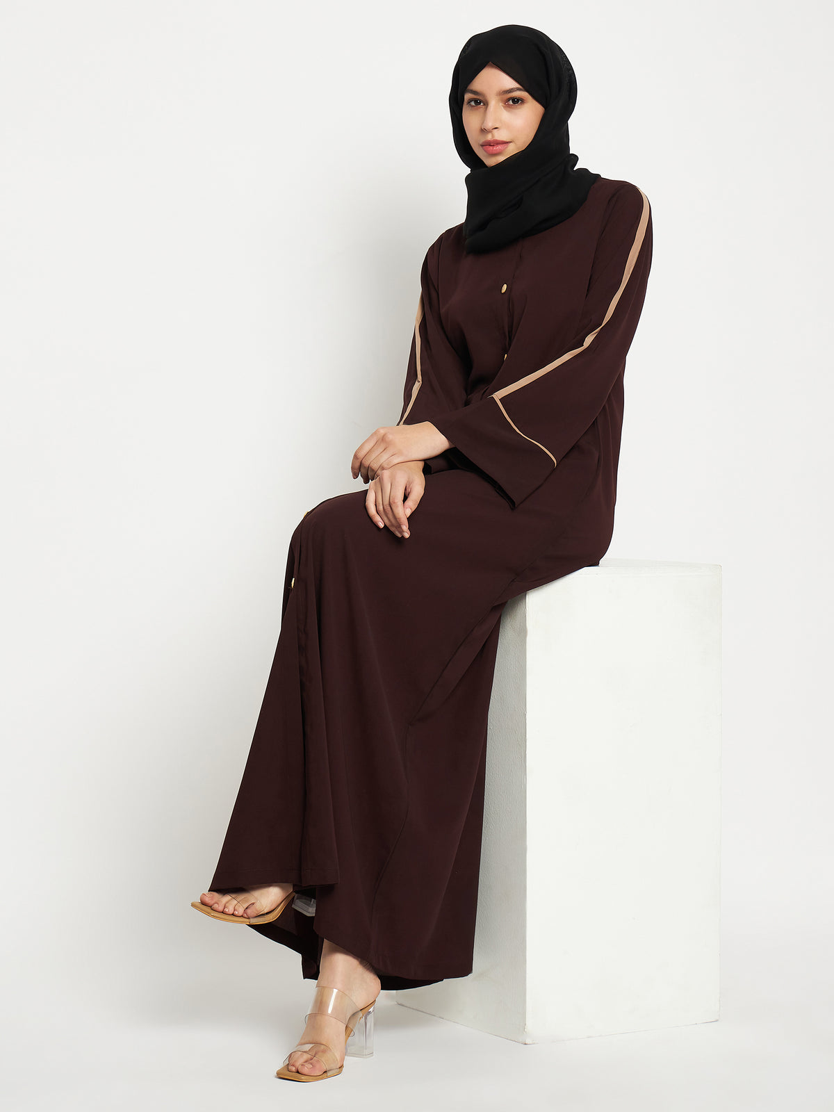 Front Open Solid Women Brown Abaya Burqa With Black Georgette Scarf