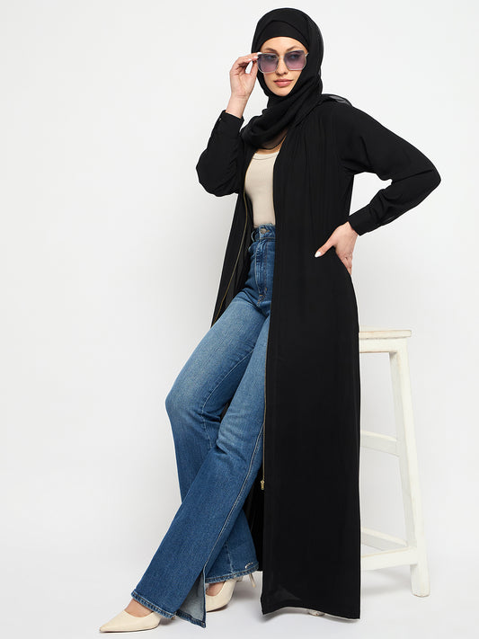 Front Open Zip Closure Black Abaya Dress With Black Georgette Hijab
