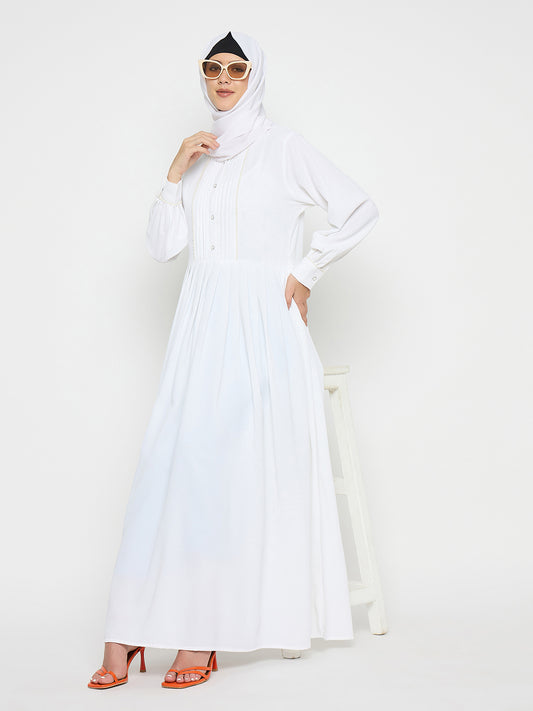 Embroidered White Solid Abaya For Umrah or Hajj with Black Hijab