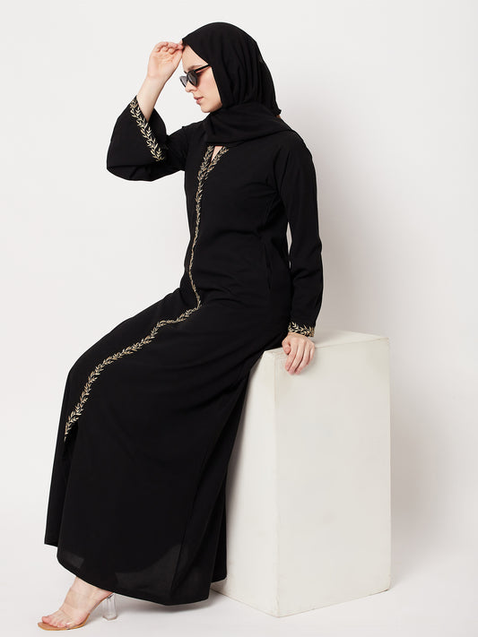 Black Embroidery Design Abaya for Women with Black Georgette Hijab