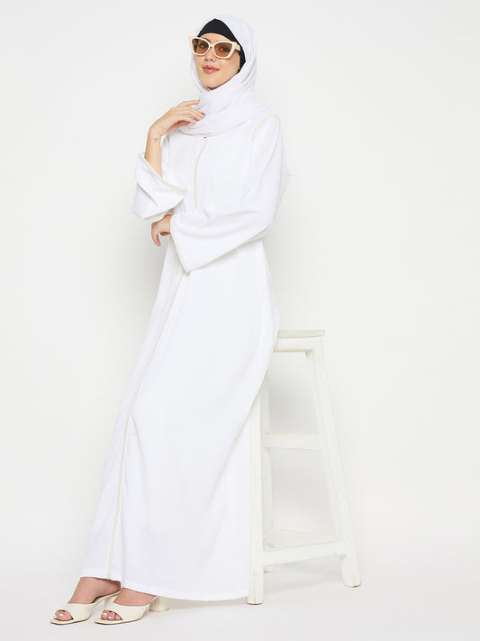 Embroidery Design White Solid Abaya For Umrah/ Hajj with Black Hijab
