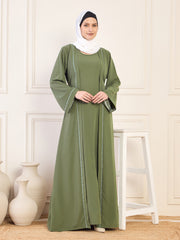 Jade Green Embroidered Solid Abaya Burqa With White Georgette Hijab