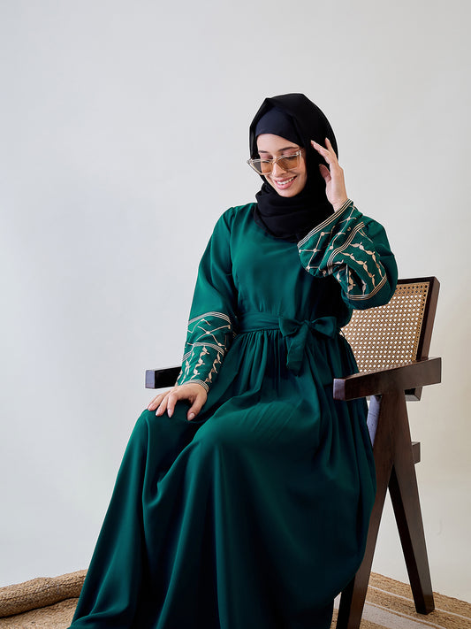 Kefiyyeh Embroidered Bottle Green Abaya Burqa With Black Georgette Hijab