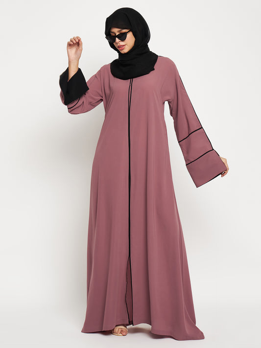 Pink A-Line Black Piping Design Abaya for Women with Black Georgette Hijab