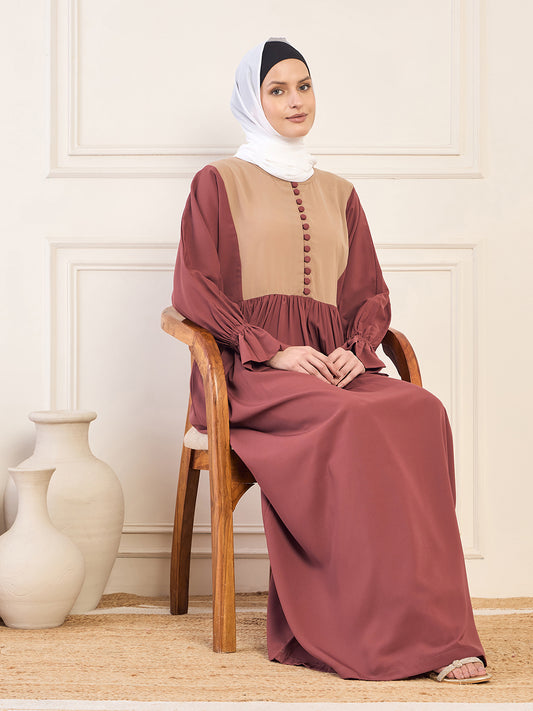 Two Color Rust and Beige Solid Abaya Burqa With White Georgette Hijab