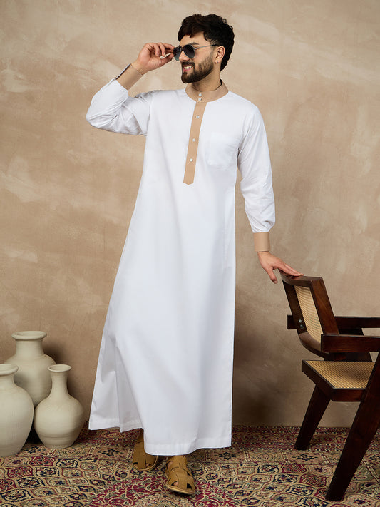 White Solid Arabic Cotton Thobe For Men with Beige Piping Detailing