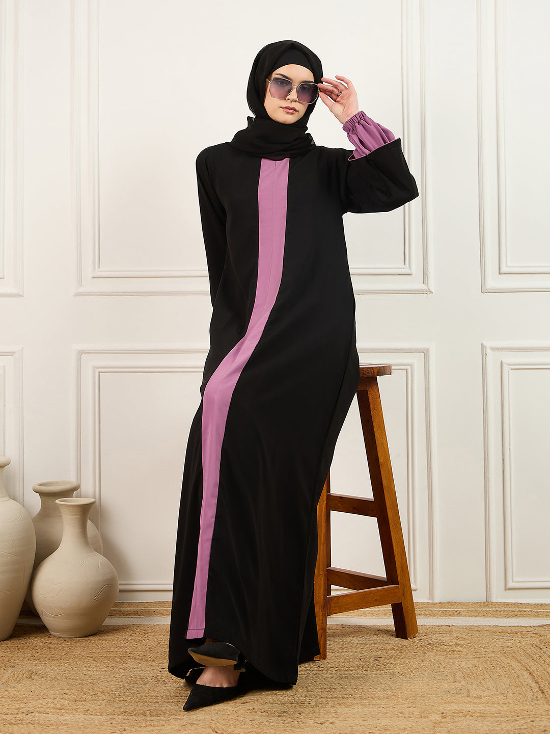 Two-colored Solid Abaya Burqa In black and pink with Black Georgette Hijab