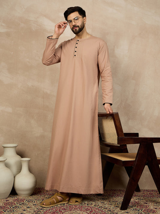 Beige Solid Cotton Arabic Thobe/Jubba For Men