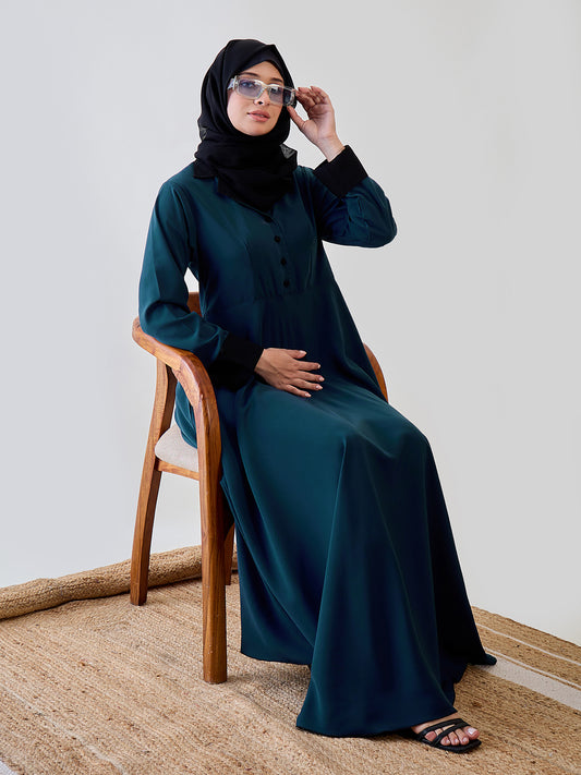 Teal Solid Coat Collar Type Women Abaya Burqa With Black Georgette Hijab