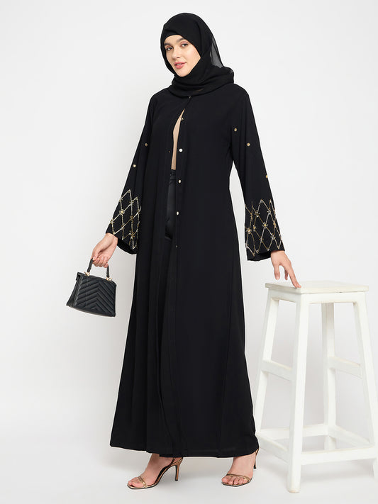 Hand Work Detailing Black Solid Front Open Luxury Abaya Burqa