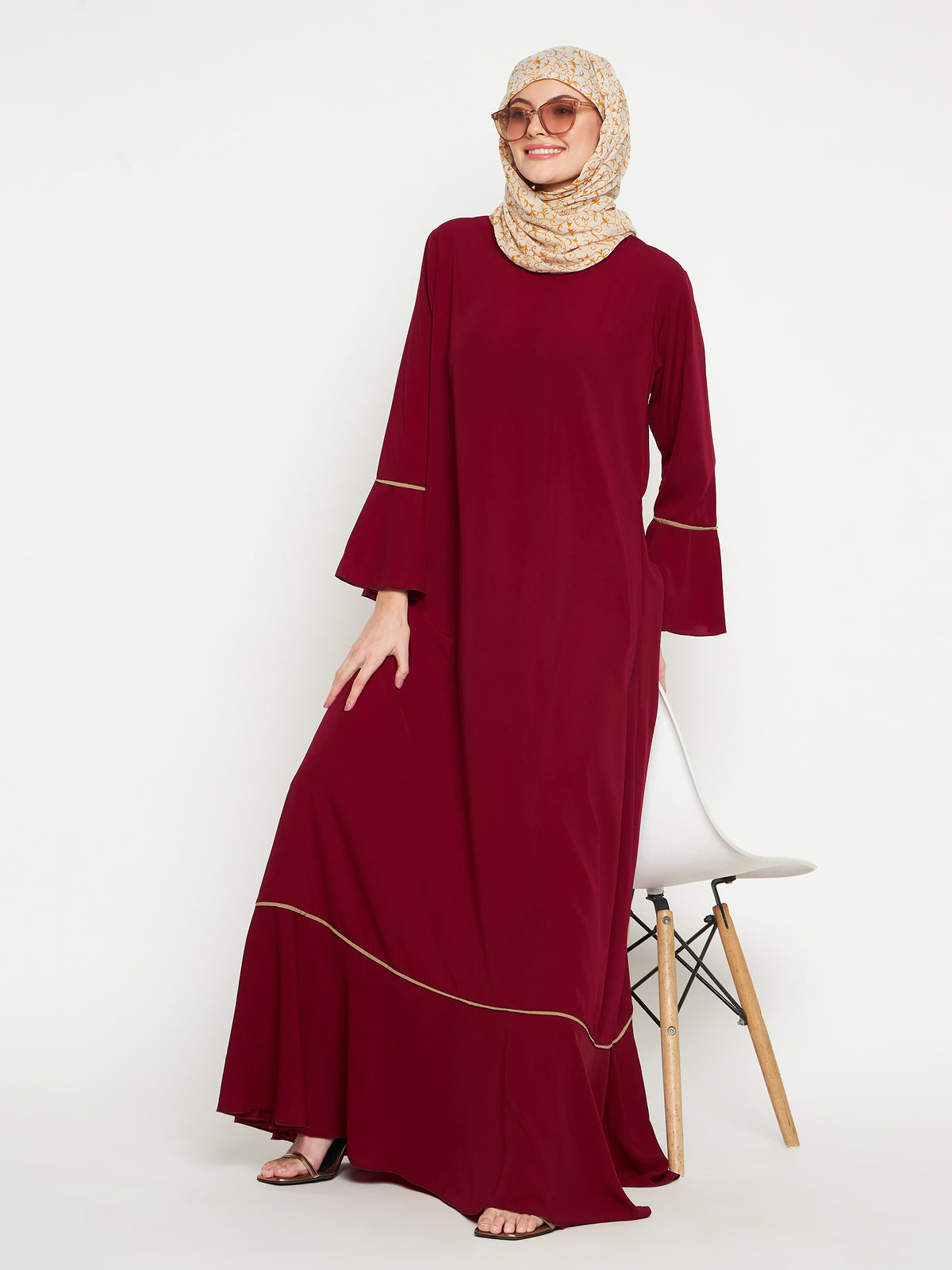 Maroon and Beige Piping Design A-Line Abaya for Women with Black Georgette Hijab